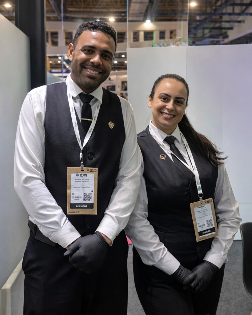 Equipe de catering uniformizada em evento corporativo