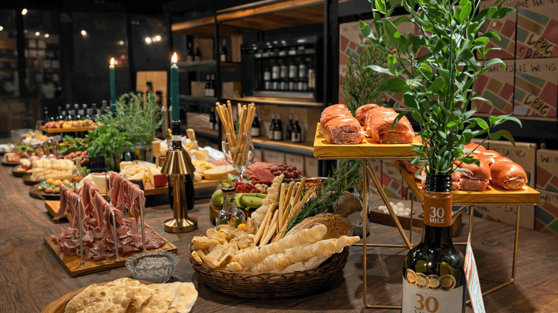 Mesa de buffet corporativo com pães, frios e antepastos em evento empresarial organizado pela Hashtag Gastronomia em São Paulo