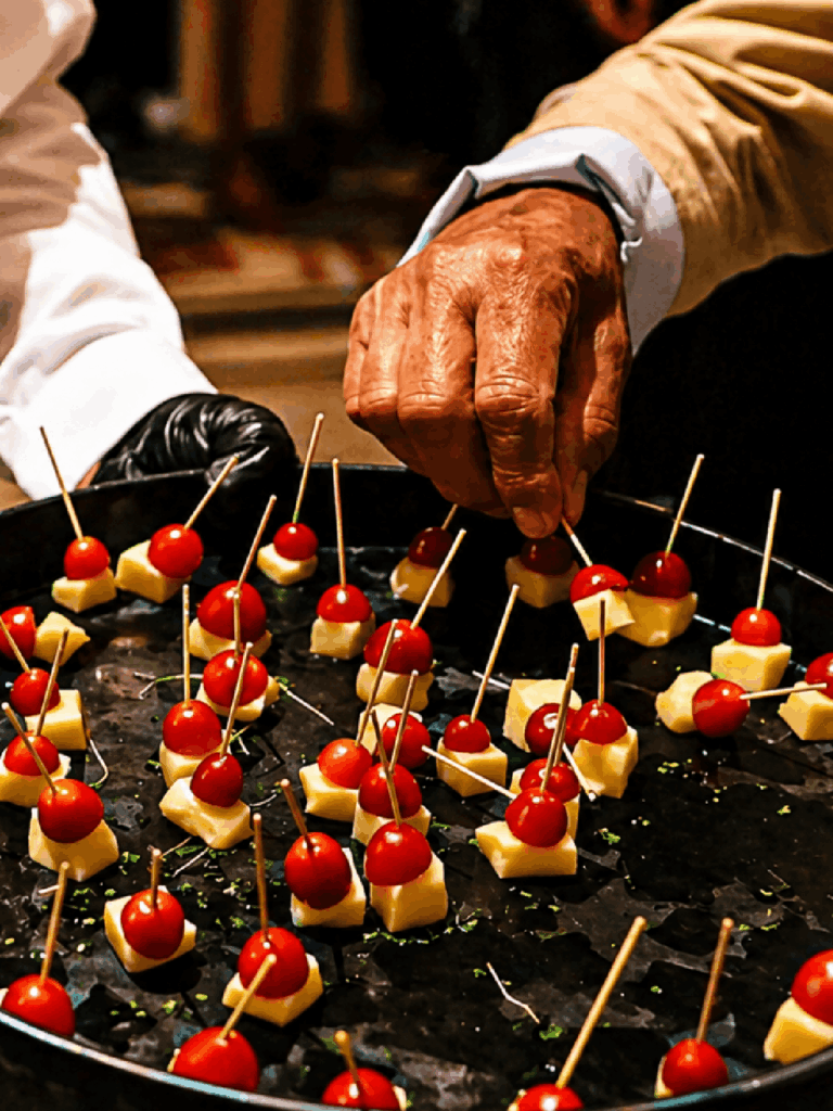 Preparação de finger foods para evento corporativo catering camarim