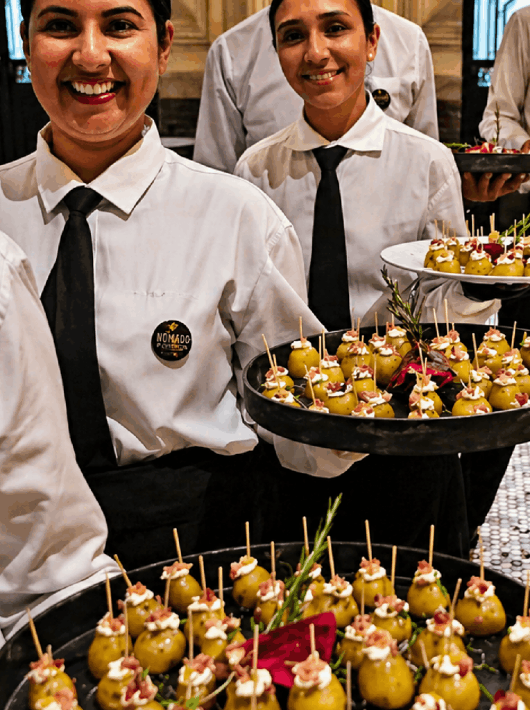Garçons servindo aperitivos em evento corporativo